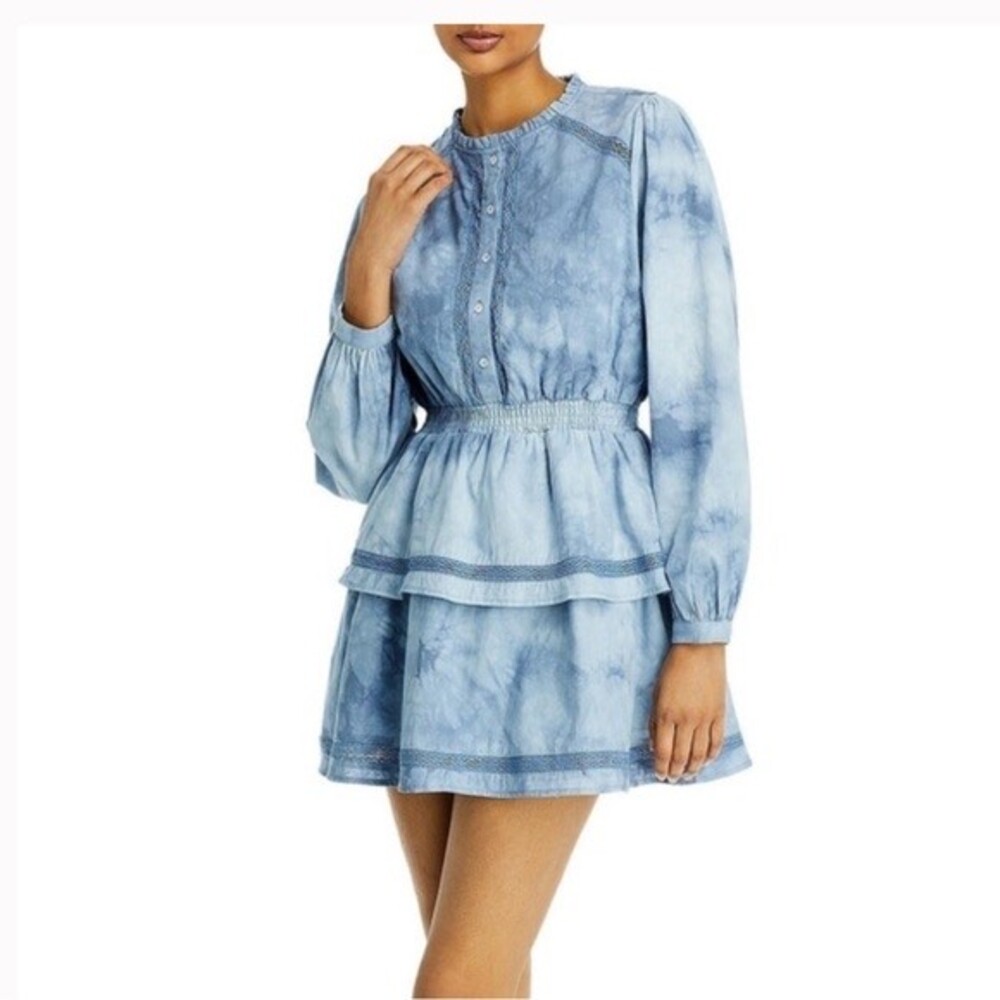 Aqua Tie Dye Long Sleeve Mini Tiered Cotton Ruffle Mini Short Dress‎ Size Small